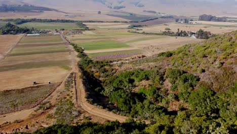 Drone-shot-over-hill-with-farm-land-and-hills-in-the-background