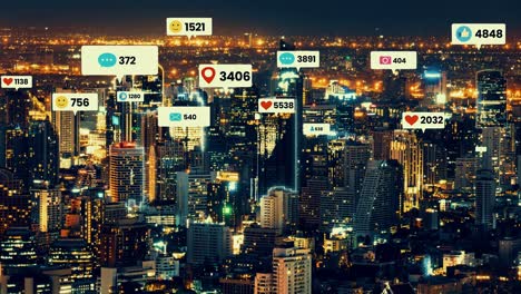 Social-media-icons-fly-over-city-downtown-showing-people-engagement-connection