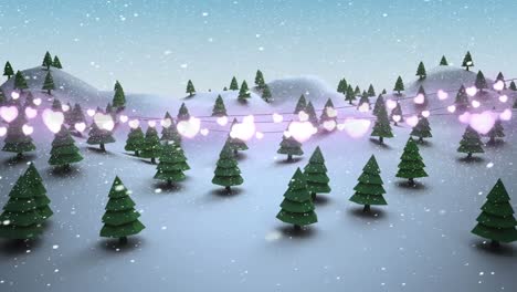 Glowing-heart-shaped-fairy-lights-decoration-against-snow-falling-over-winter-landscape