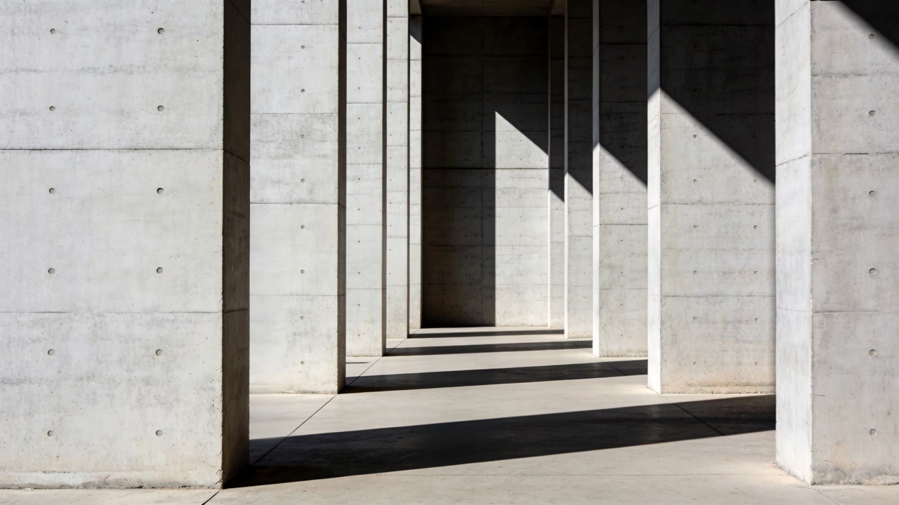 Walking male in dark jacket entering from left edge, moving toward far side through colonnade
