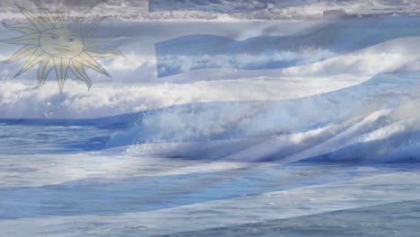 animación de la bandera de uruguay ondeando sobre el paisaje marino de la playa