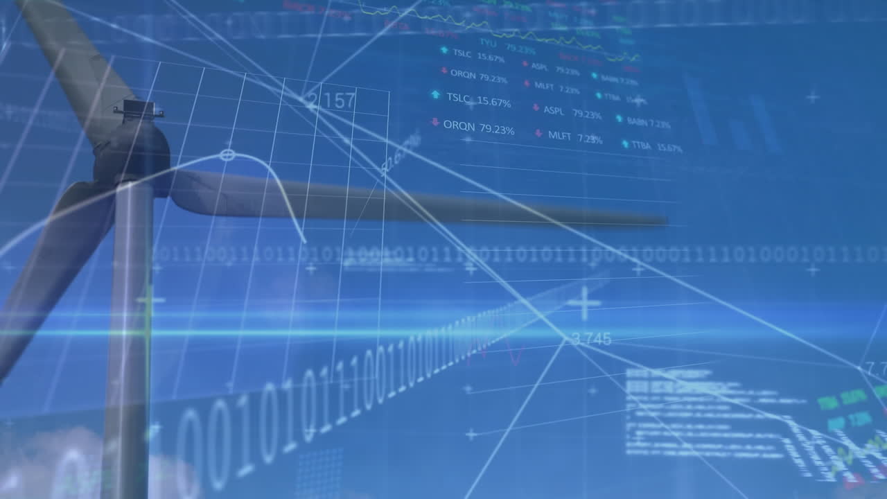 animazione della codifica binaria e elaborazione dei dati su turbina eolica