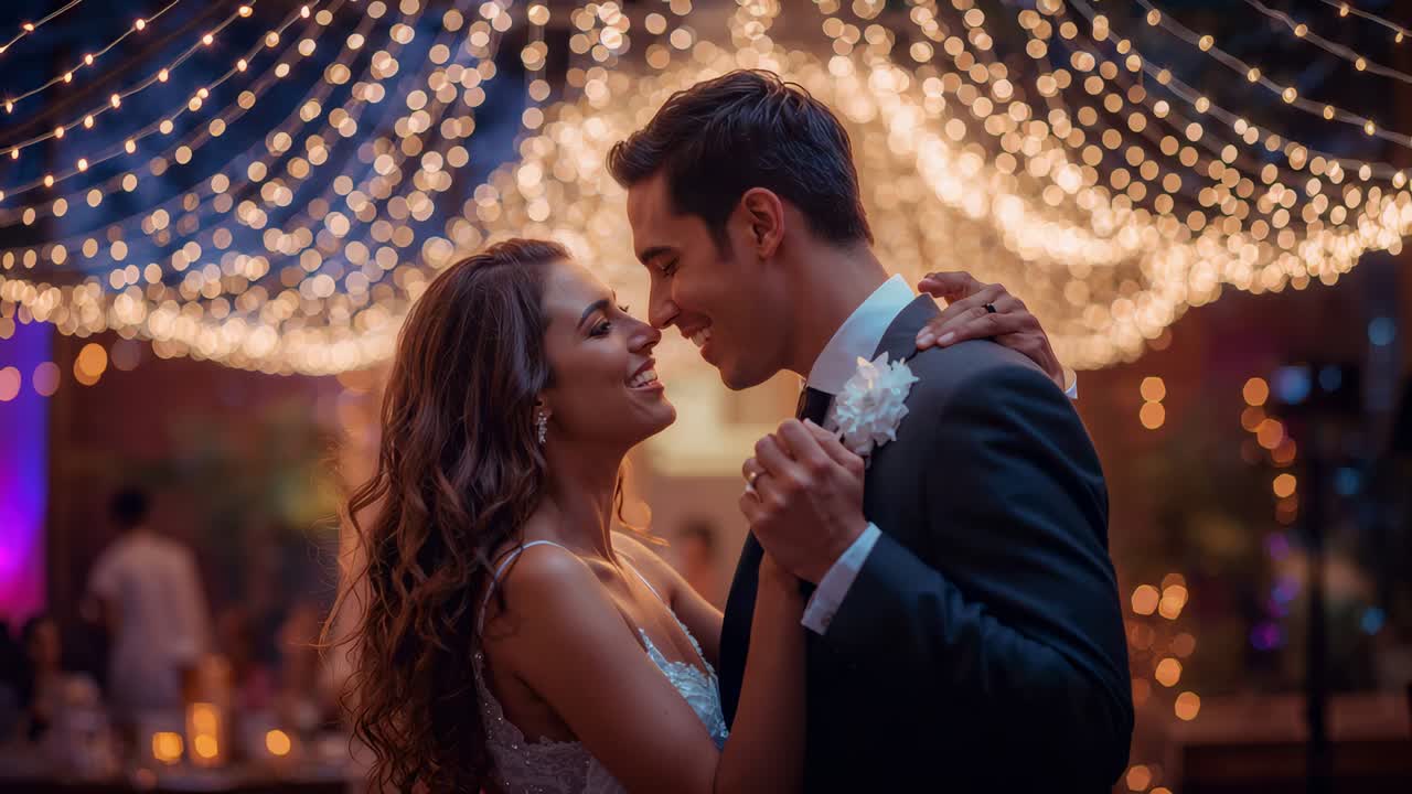 Dancing bride in white gown, groom in dark suit, swaying with music starting under string lights