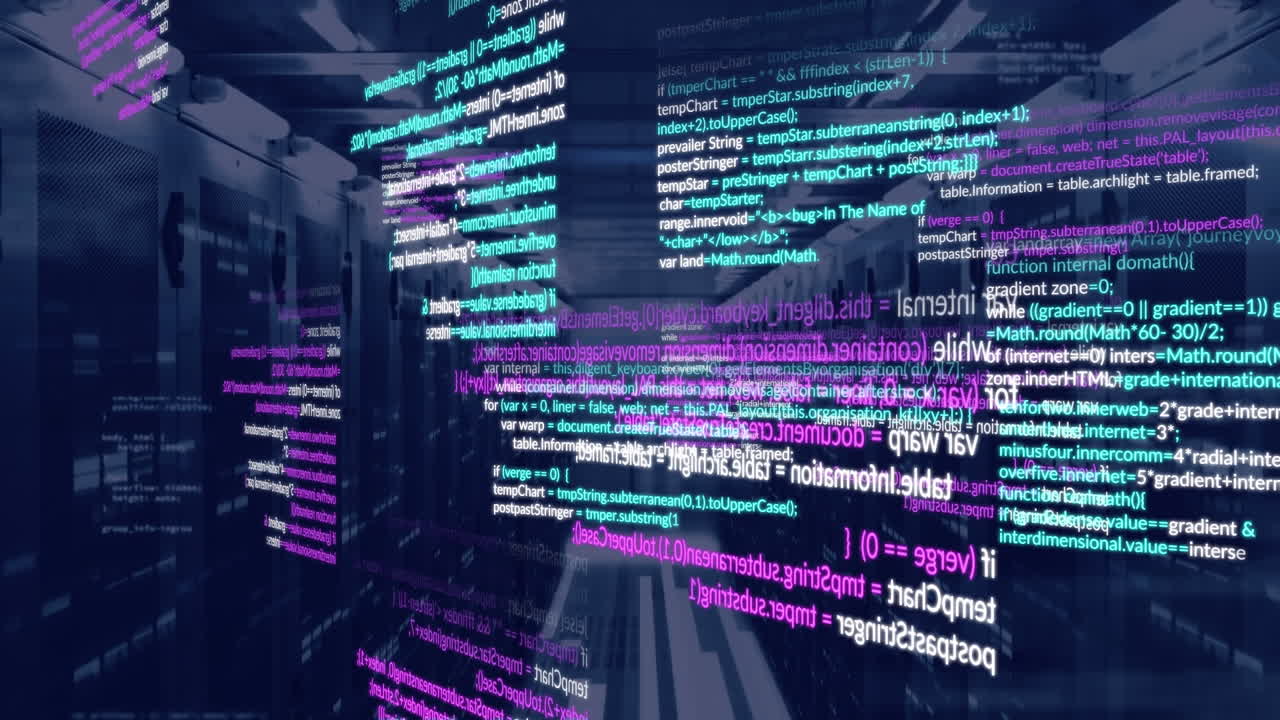 Animation of multicolored computer language over server room in background