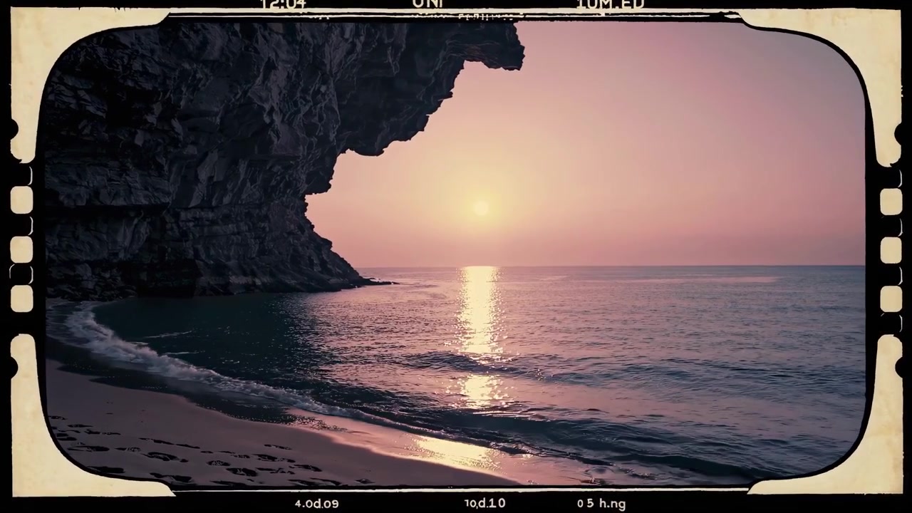 Solnedgang over tropisk strand med steinete klippekyst