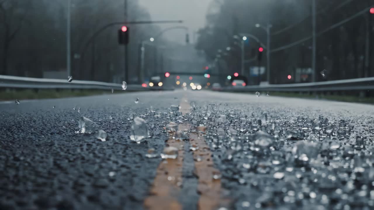 Broken glass on a wet road in foggy weather