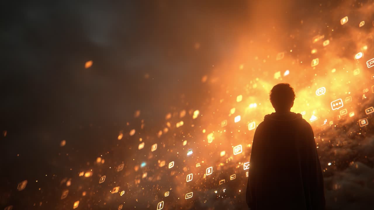 A solitary figure stands against an explosion of vibrant digital icons and symbols, symbolizing the intersection of man and technology in a surreal, captivating landscape