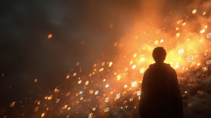 A solitary figure stands against an explosion of vibrant digital icons and symbols, symbolizing the intersection of man and technology in a surreal, captivating landscape
