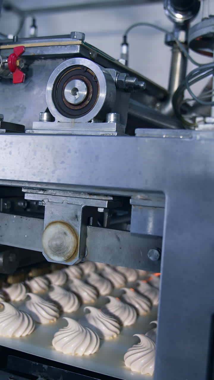 Automatic machine for producing marshmallows. Complicated mechanism laying creamy desserts on the conveyor belt at food factory. Vertical video