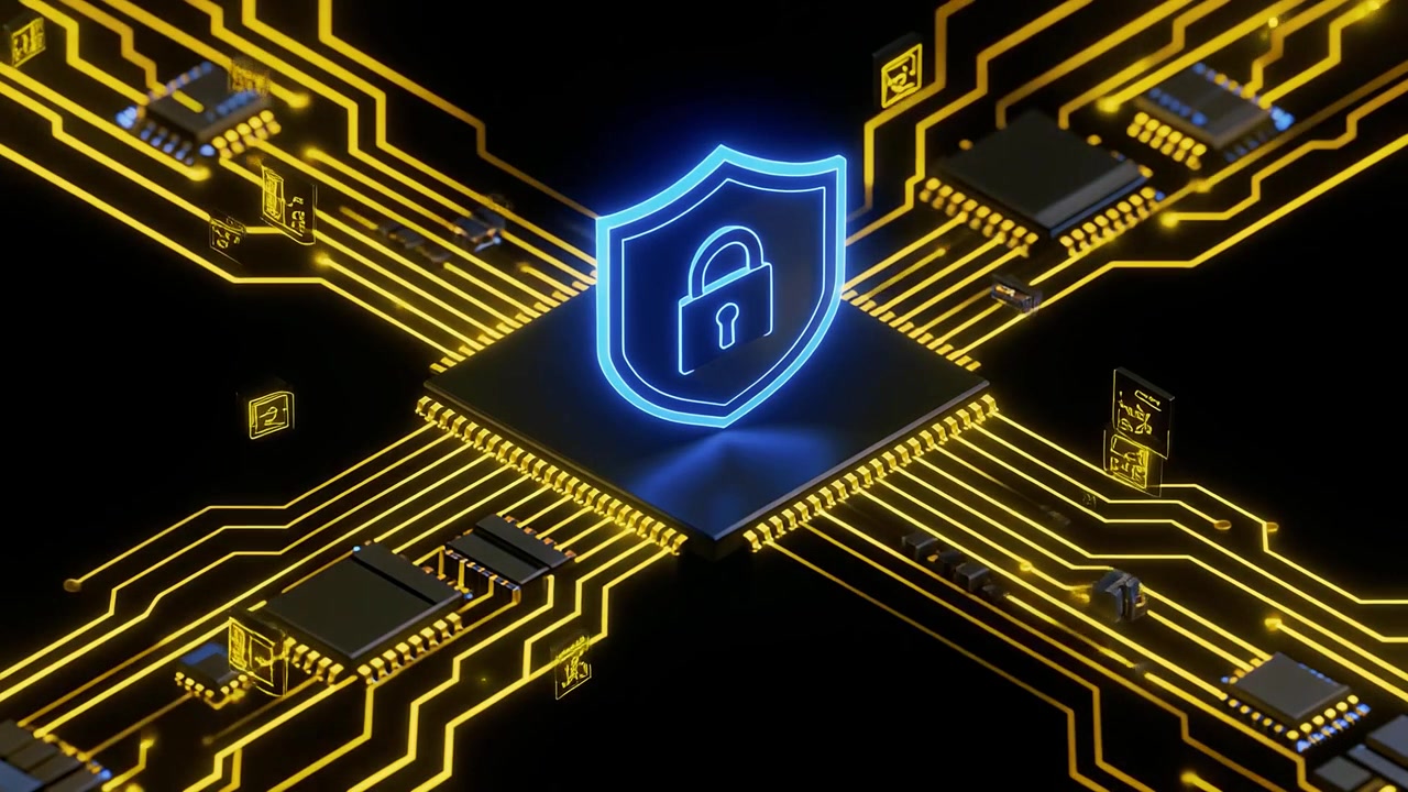 Glowing Microchip with Cybersecurity Shield and Data Flow