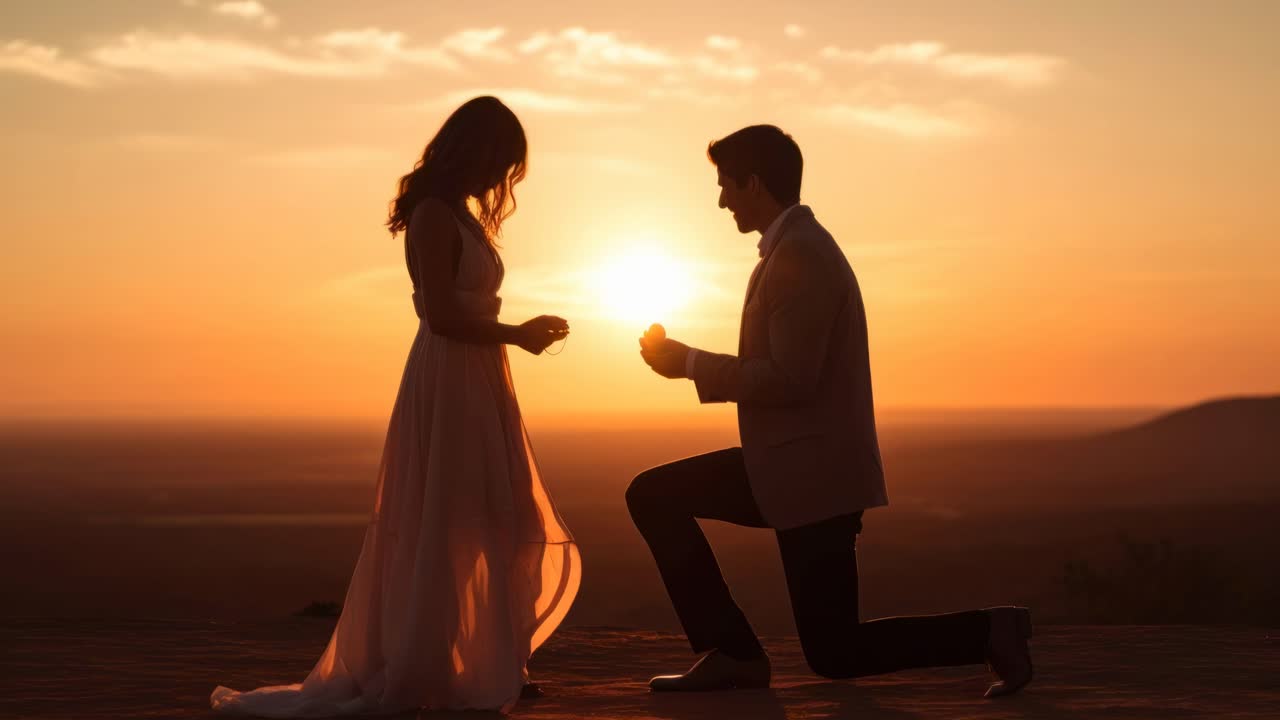 Romantic sunset proposal captured in silhouette, side angle