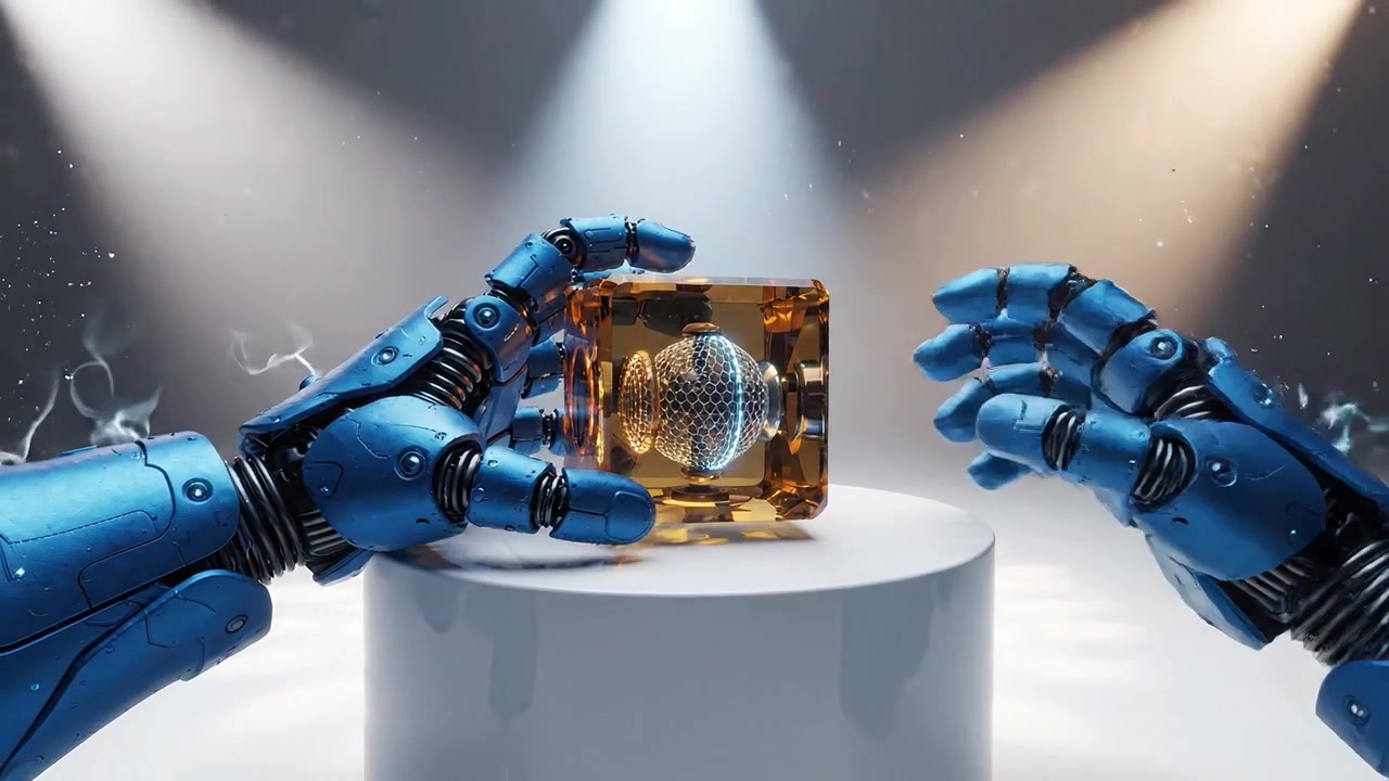 Innovative Robotic Hand Grasping a Crystal Cube, Showcasing Futuristic Technology and Design in a Stunning Visual Display Under Dramatic Lighting Effects