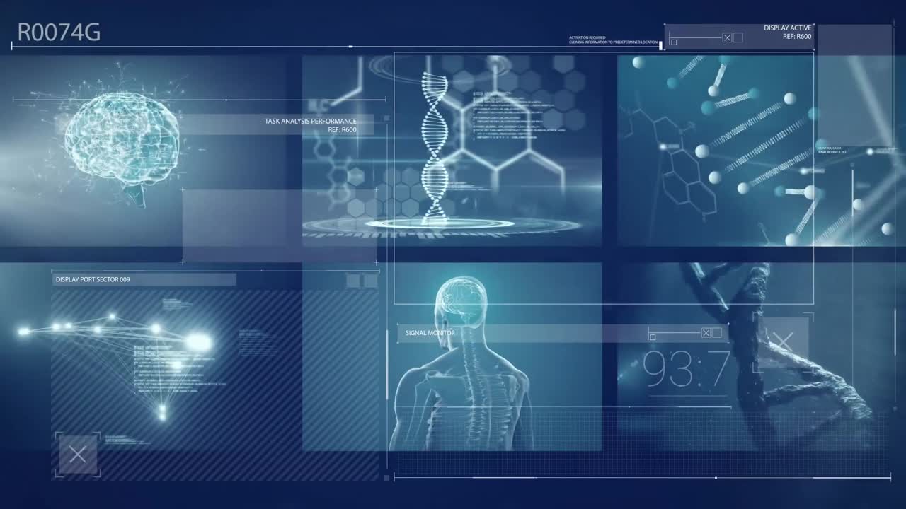 검은 바탕에 있는 dna 가닥 위의 데이터 처리의 애니메이션