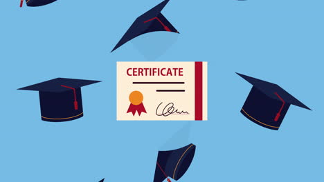 graduation animation with certificate and hats pattern