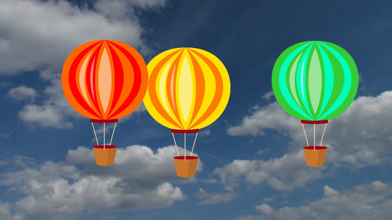 하 구름과 함께 파란 하늘에 공기 풍선, 사진 배경에 애니메이션, 밝은 색상의 떠다니는 풍선