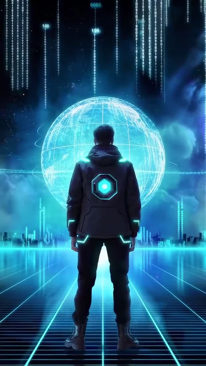 Futuristic video concept with a low-angle view of a figure facing a digital globe