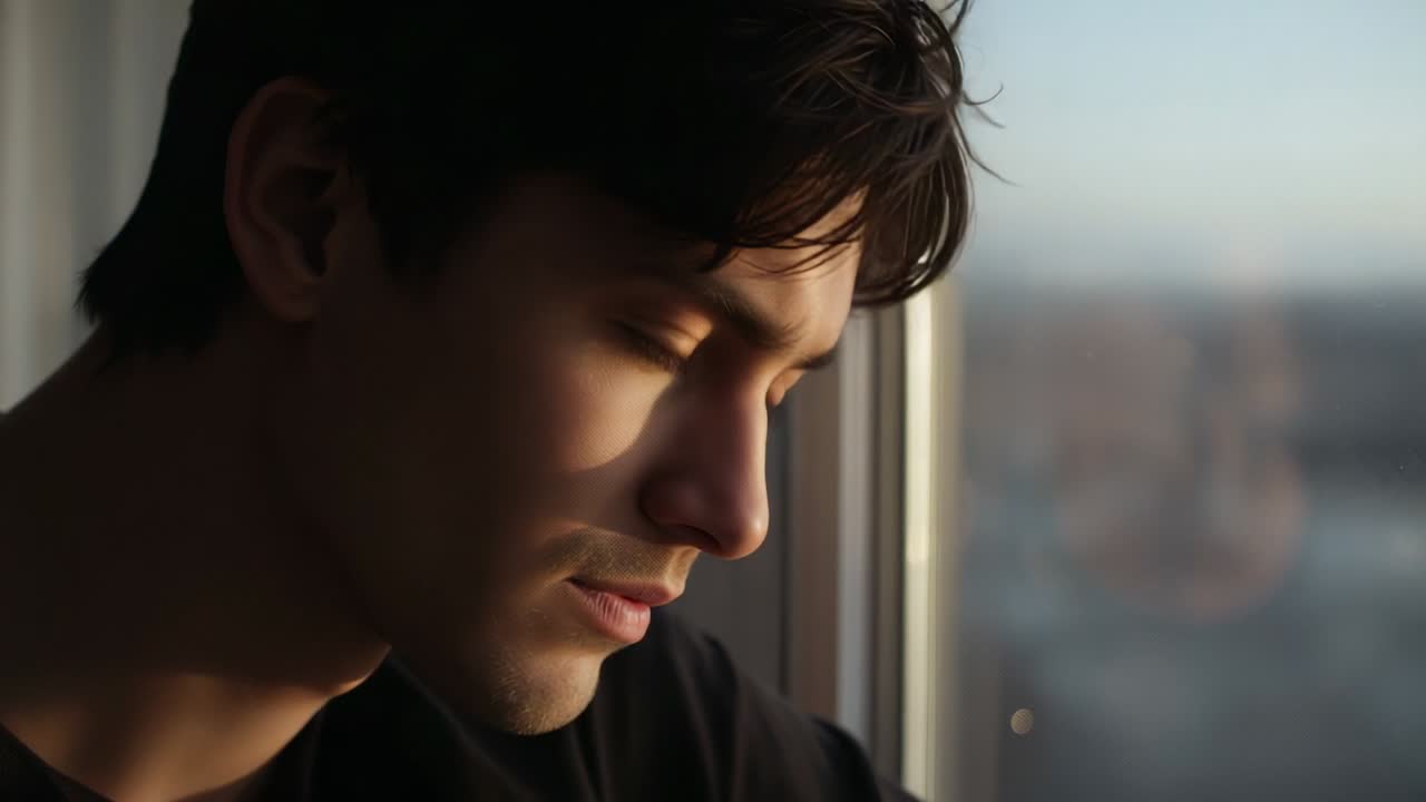 Uomo che osserva, con camicia scura, alza gli occhi verso lo skyline dalla finestra, la luce del sole gli riscalda il viso, spazio per il testo.