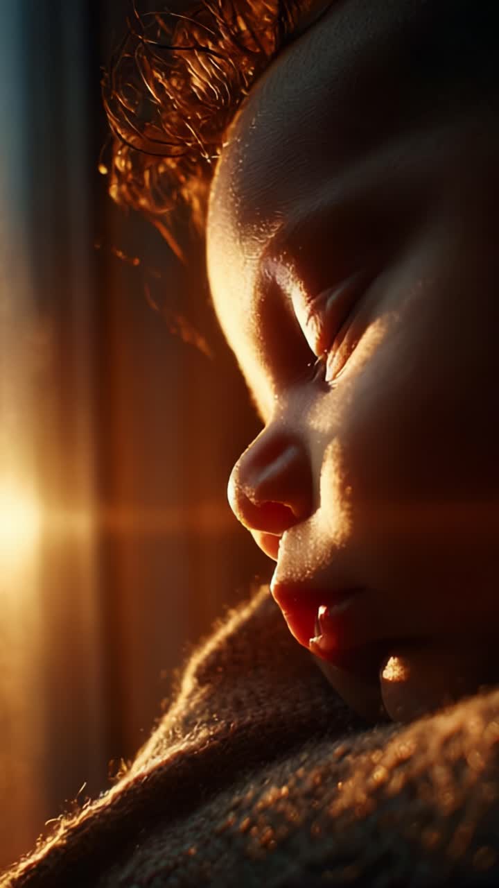 Captivating Close-Up of a Serene Child's Face Bathed in Golden Sunset Light, Capturing the Beauty of Innocence and Tranquility in a Moment of Reflection