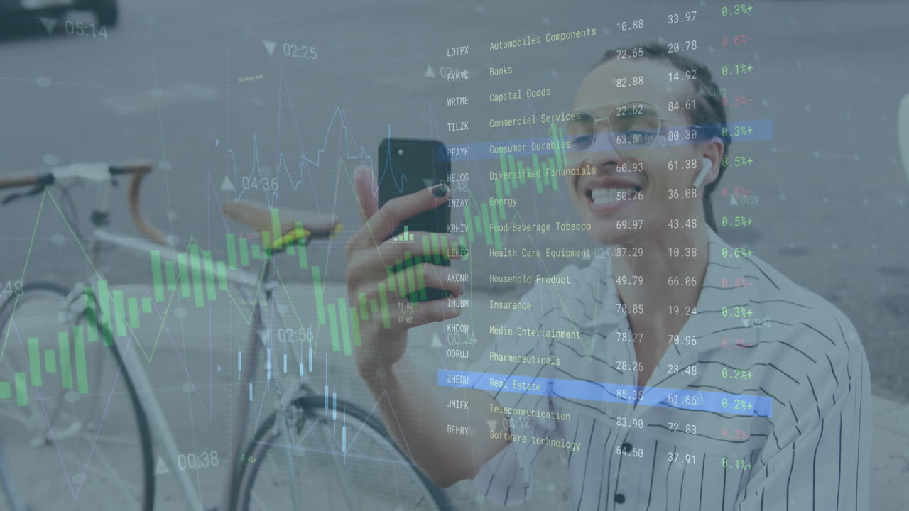 animación de gráficos y tablero de negociación sobre ma biracial vlogging en el teléfono móvil