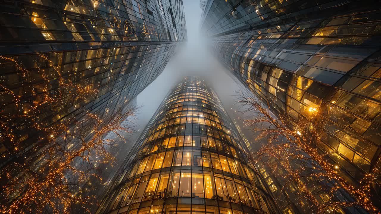 A Stunning View of Skyscrapers Illuminated by Festive Lights, Towering Above in a Foggy Atmosphere, Capturing the Essence of Modern Urban Landscapes