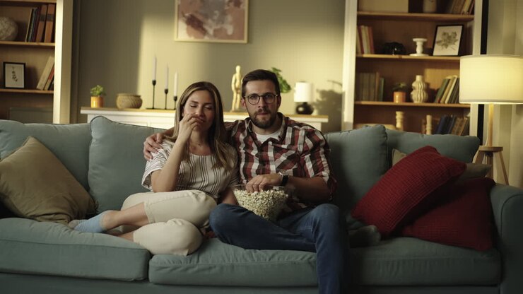 Couple Watching TV with Popcorn on Couch