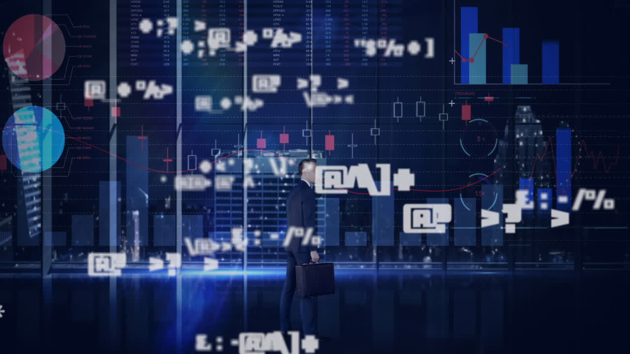 l'animazione digitale mostra la tecnologia di rete globale con icone e elaborazione dei dati.