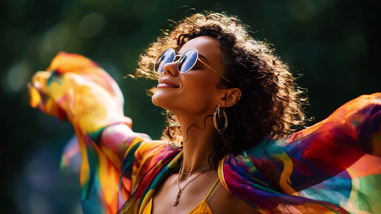 A joyful woman embraces the sunlight, radiating confidence and positivity, with colorful fabric flowing around her, adorned with stylish accessories and sunglasses