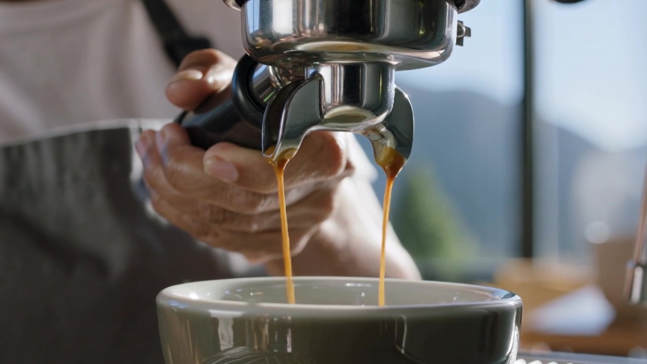 Barista engatando o porta-filtro e extraindo expresso em xícara de cerâmica sob o grupo da máquina no café, usando avental escuro.