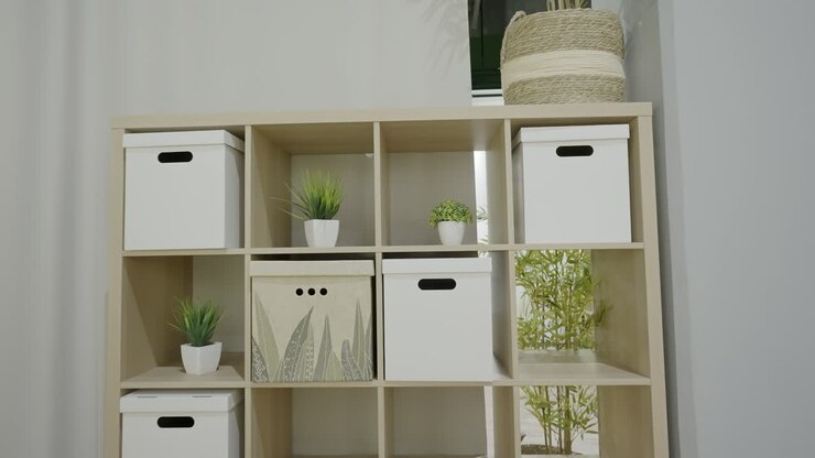 Organized Wooden Shelving Unit with Decorative Plants and Boxes
