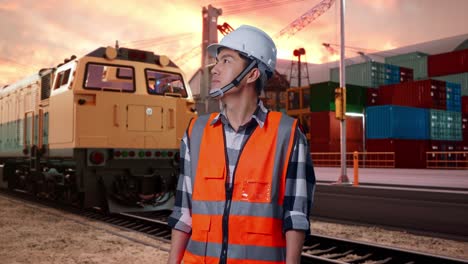 engineer at a port with a train in background