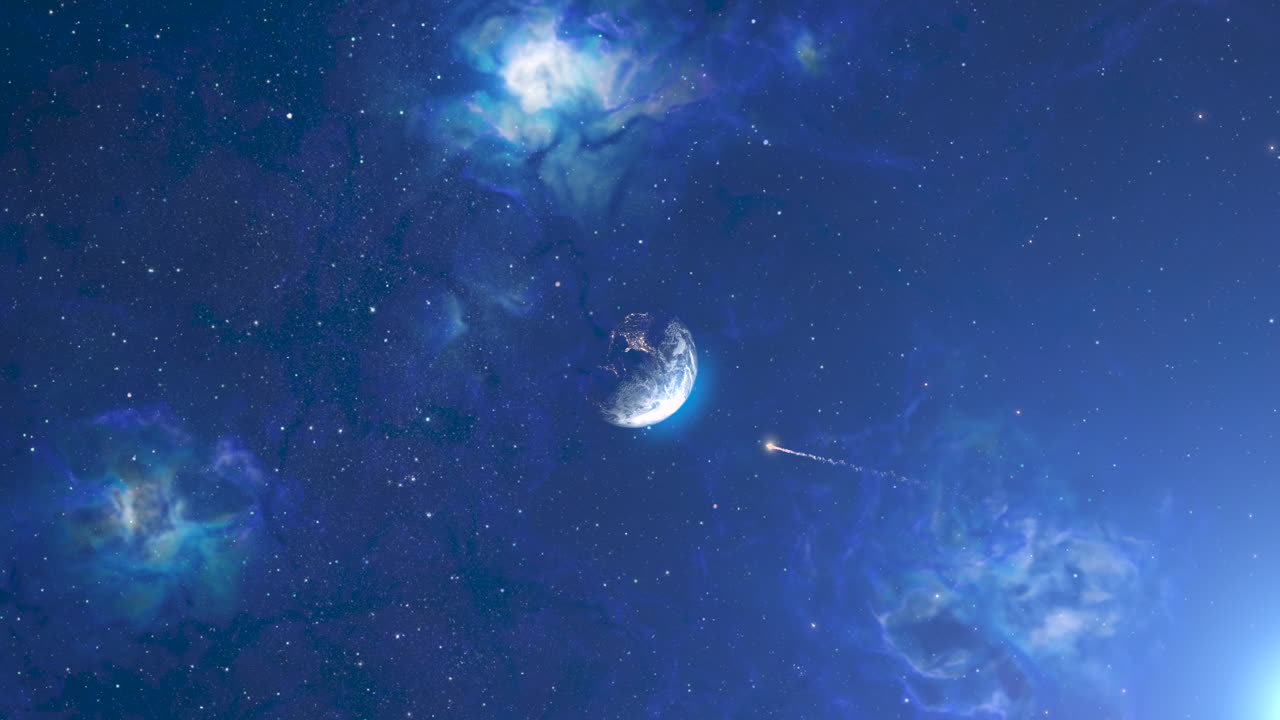 paisaje cósmico con la tierra y el meteorito