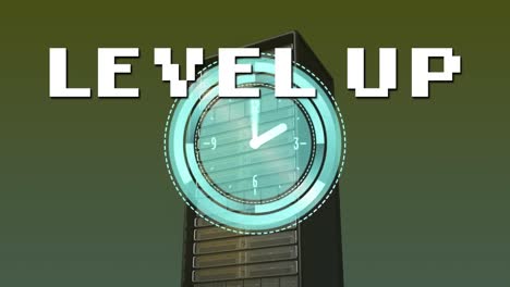 Animation-Von-Level-Up-Text-über-Digitaluhr-Vor-Server-Rack-Auf-Abstraktem-Hintergrund