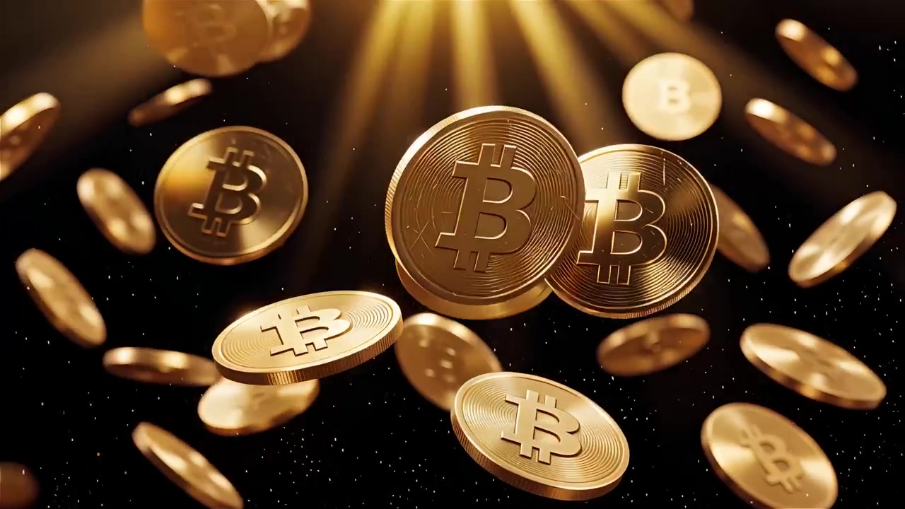 Bitcoin in rotazione su sfondo nero drammatico 4k