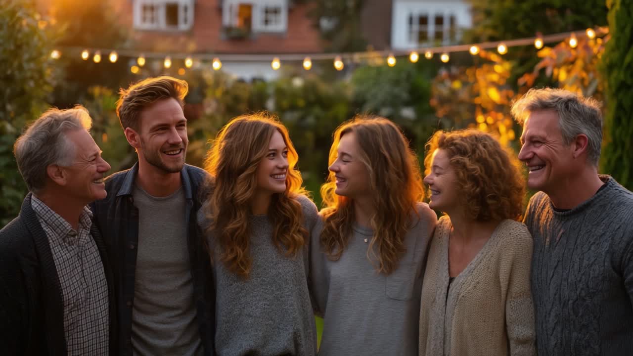 Fröhliches Beisammensein von Freunden und Familie, die gemeinsam in einem wunderschönen Garten bei goldenem Abendlicht und herzlichem Lächeln feiern.