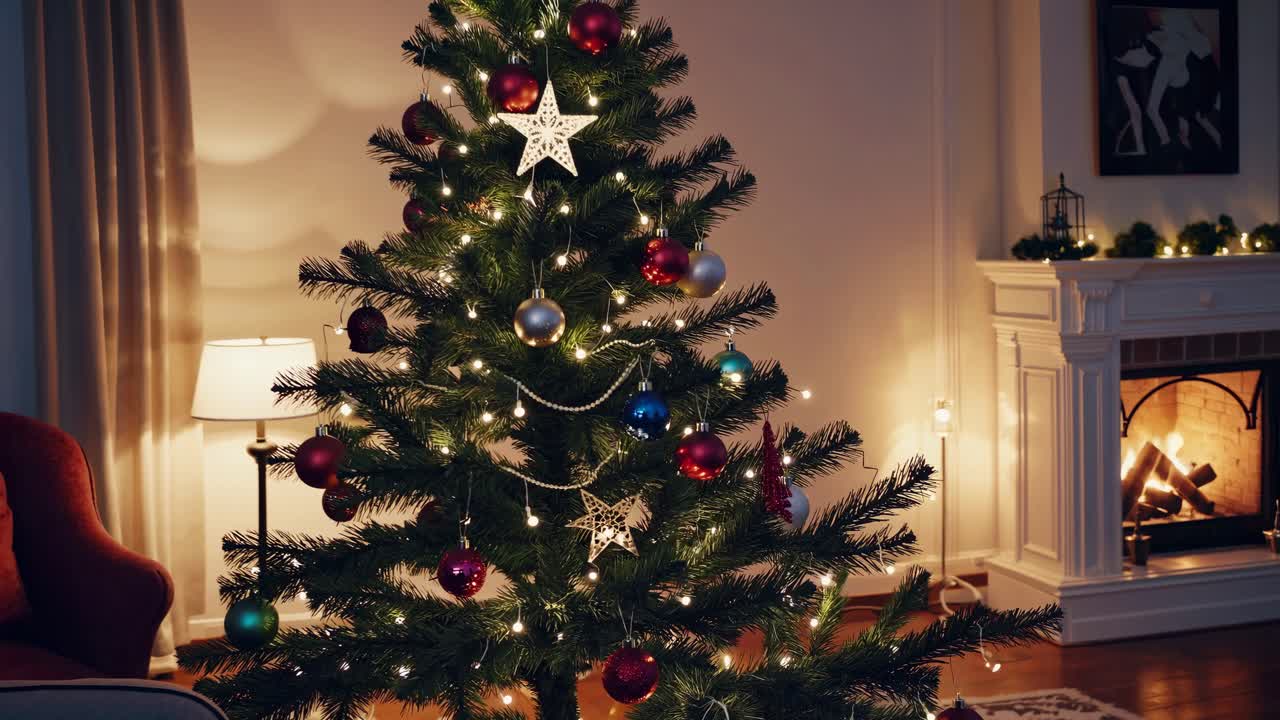 Cozy Christmas scene with a decorated tree and fireplace. Warm lighting, shot from a side angle