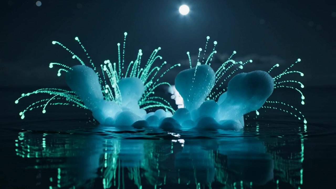 Pulsing glowing cluster ejecting filaments and droplets on calm sea, altering moon reflection
