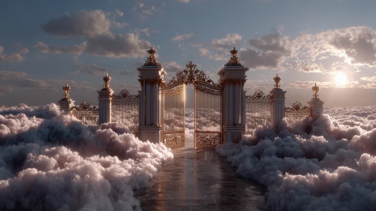 A Majestic Gateway to Serenity: A Captivating View of Ornate Gates Surrounded by Ethereal Clouds and Golden Light at Dawn