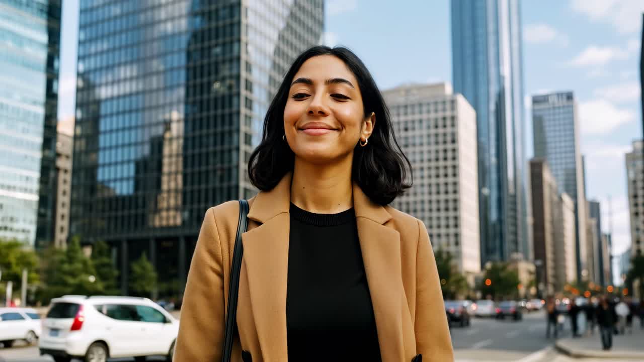 Vídeo em ângulo baixo de uma mulher confiante em uma paisagem urbana, com arranha-céus no plano de fundo