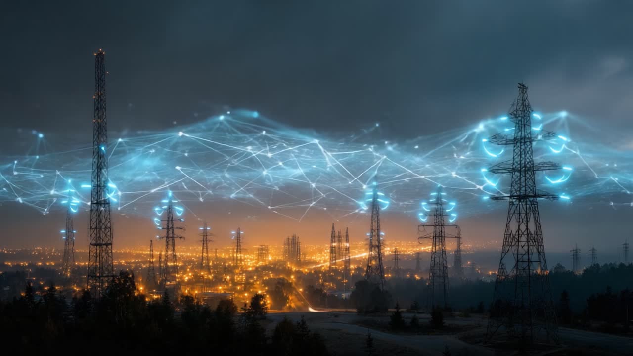 Illuminated Urban Landscape with Communication Towers: Exploring the Intersection of Technology and Nature in a Modern Cityscape