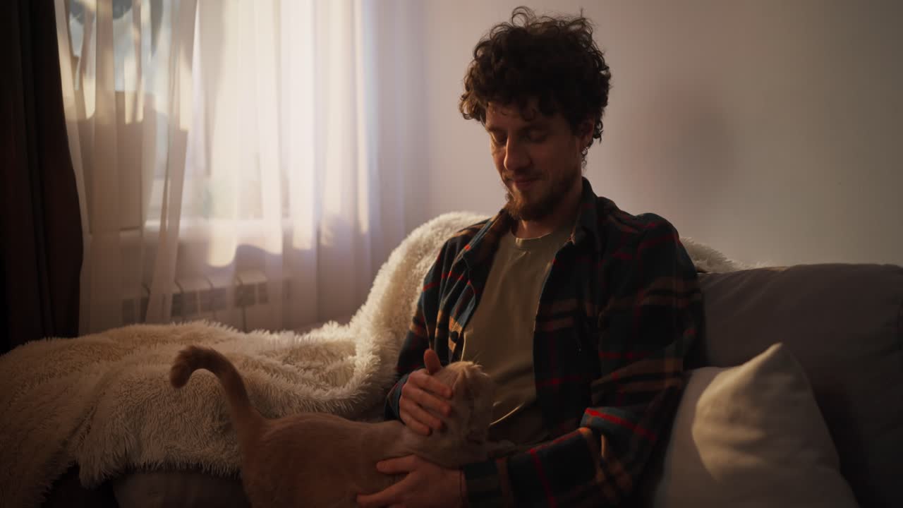 소파에 있는 고양이와 함께 휴식을 취하는 남자