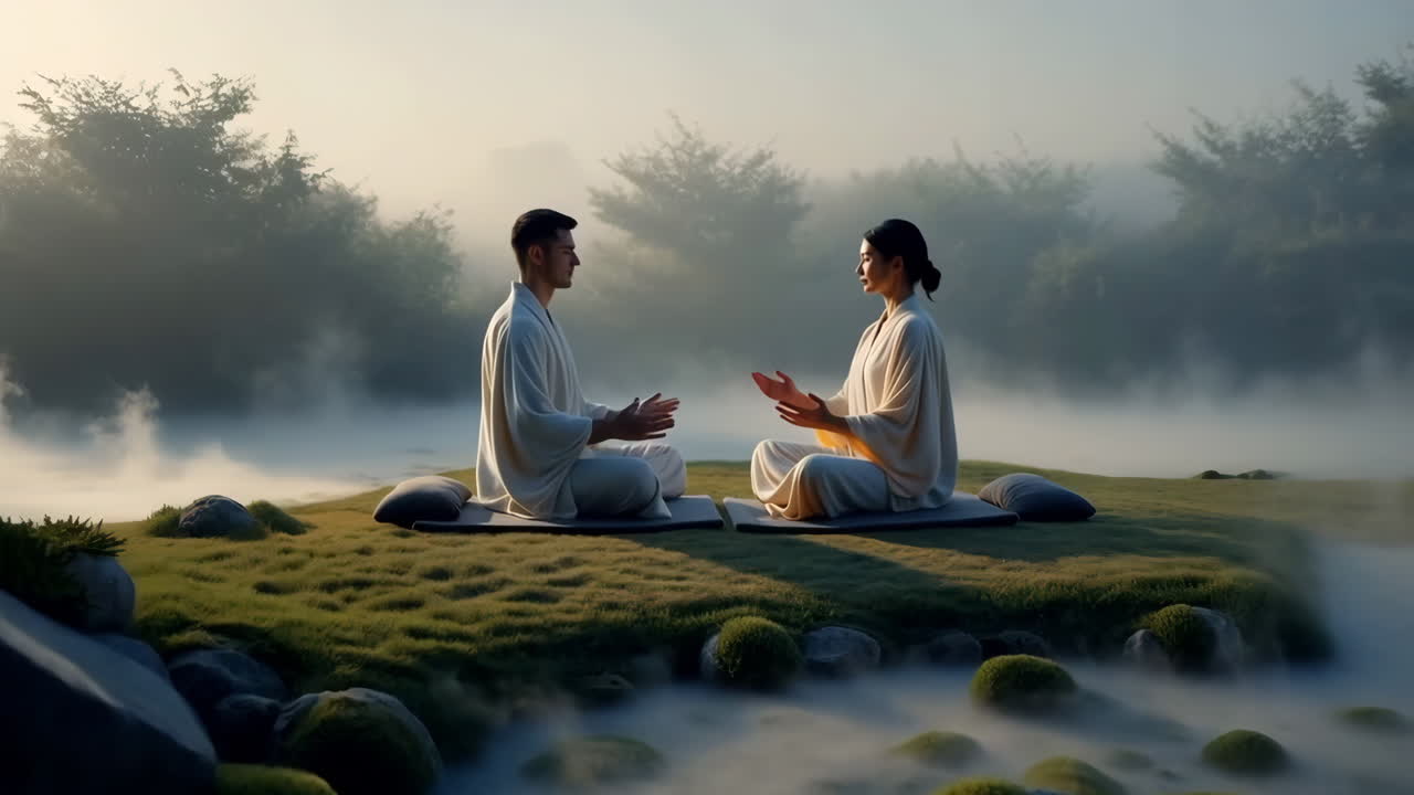 Two People Meditating in a Serene, Misty Landscape
