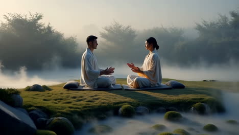 two people meditating in a serene, misty landscape