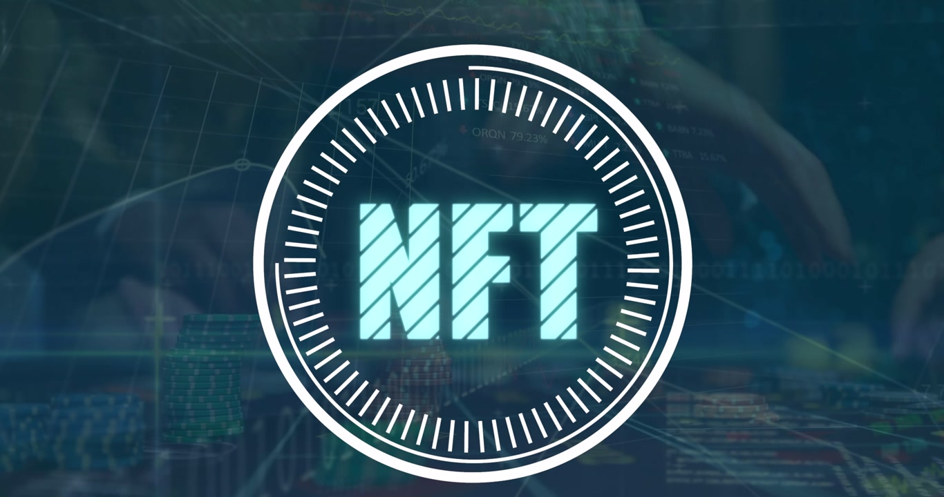Animation of scope scanning with nft text over data processing and diverse busienss people