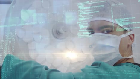 animación del procesamiento de datos sobre un cirujano caucásico con máscara facial