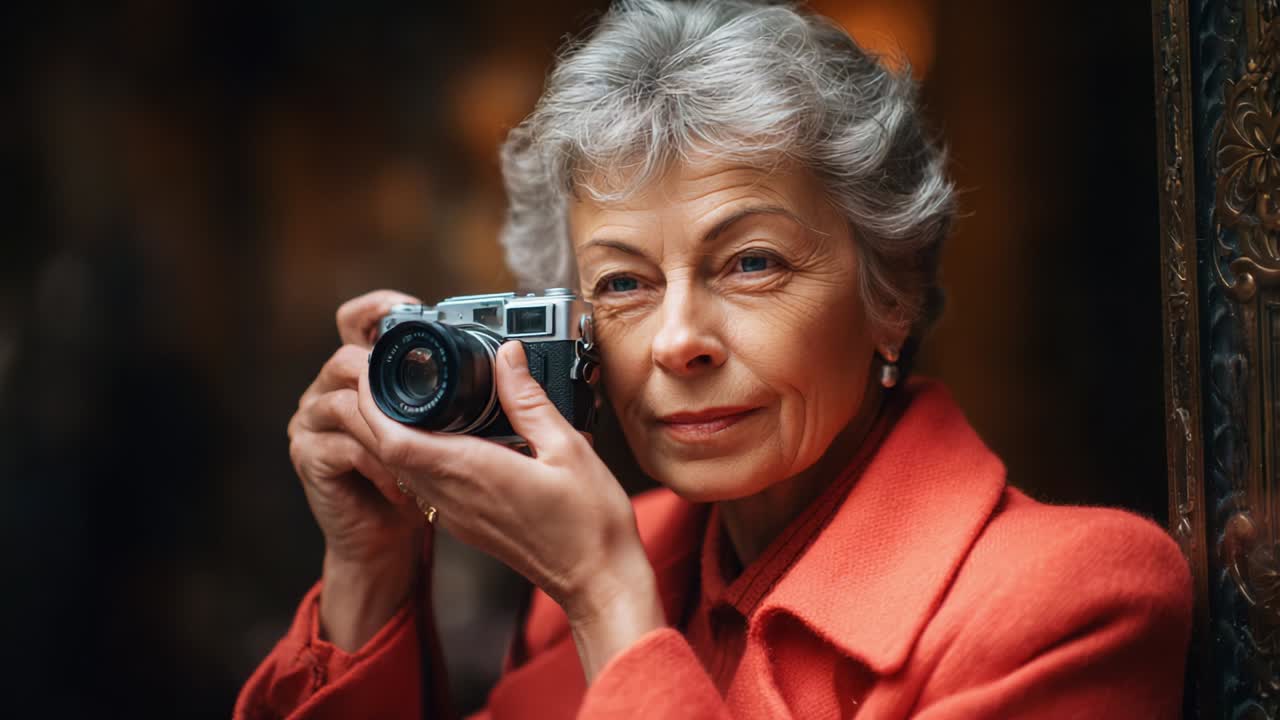 An elegant elderly woman in a vibrant red coat passionately holds a vintage camera, capturing moments in time, showcasing her dedication to photography and the joy it brings to her life