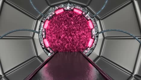 iron rusty hatch opens panoramic view to the spaceship landscape scene. 3d abstract background of sci-fi corridor with portal. futuristic technology abstract vj for tech titles and background.