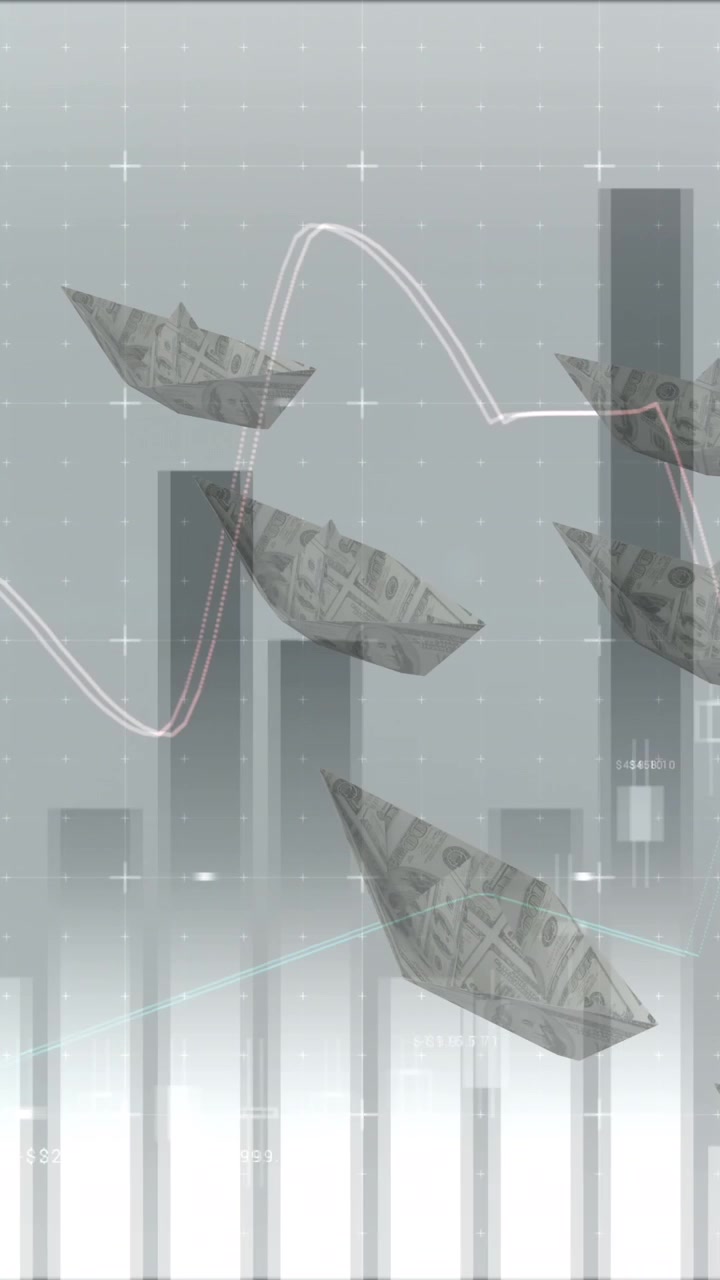 Animazione di elaborazione dati su barche di banconote.