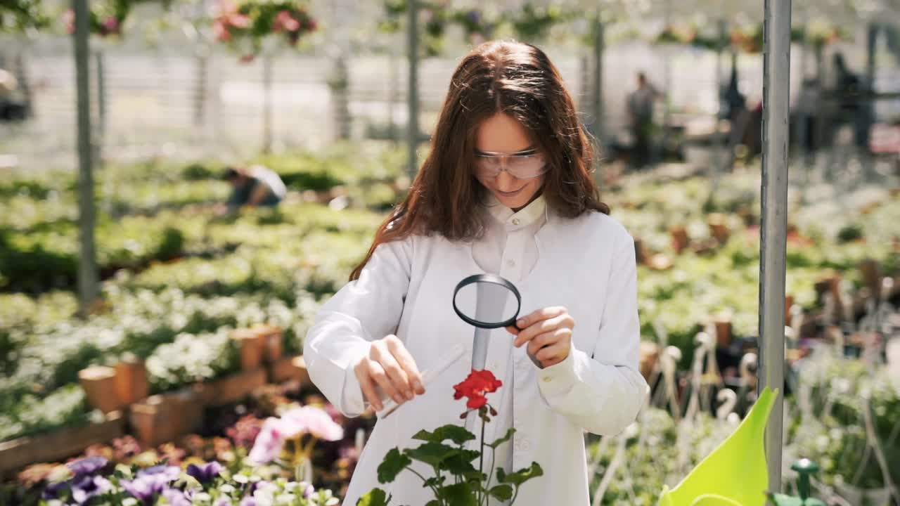 Woman scientist in a white coat with a magnifying glass and a test tube on a background of a greenhouse with plants