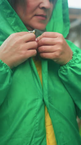 close-up of a woman buttoning her green raincoat outdoors next to swing bench, with blurred background featuring greenery, two building and window