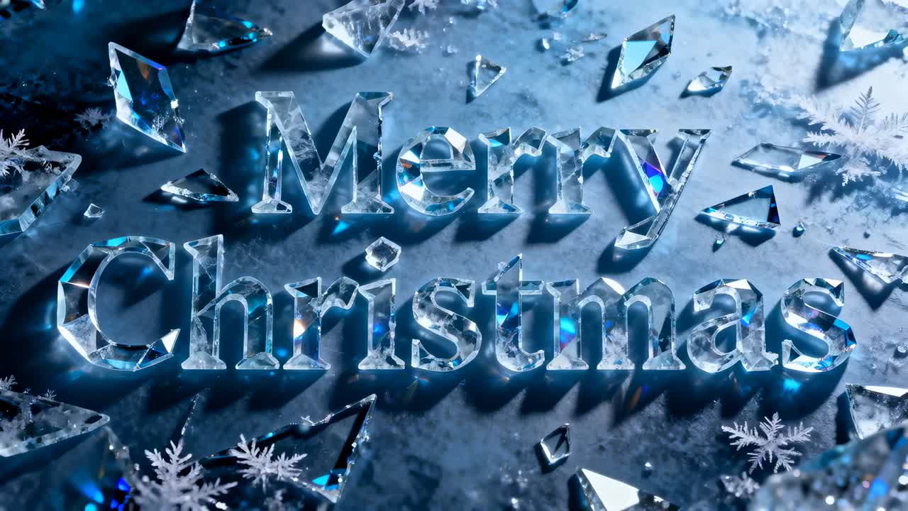 Panning light revealing crystal Merry Christmas text on ice with shards, showing frosty sparkle